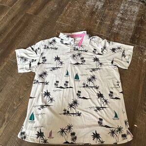 Puma Golf Polo Shirt Mens Large White Tropical Palm Tree Sailboat Print